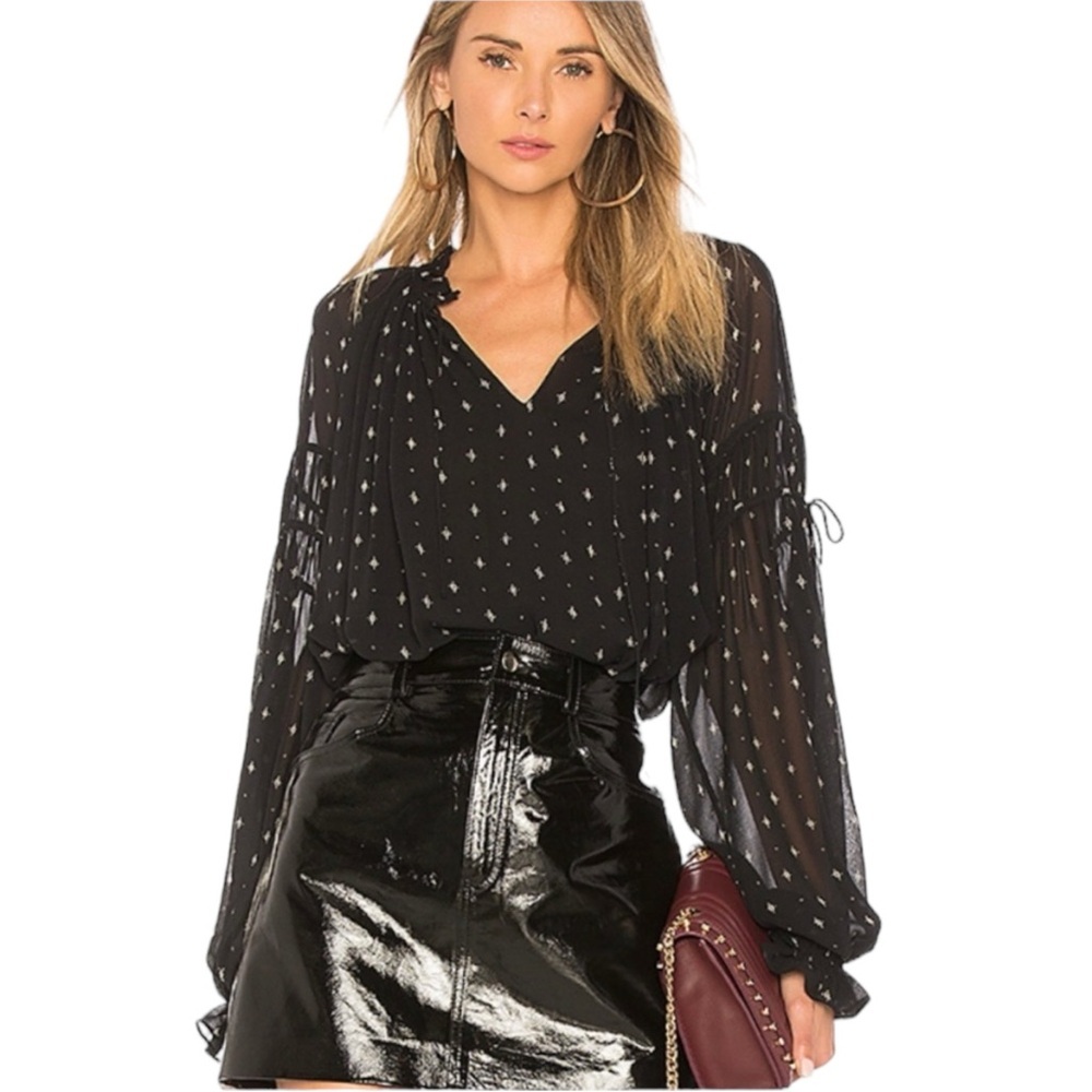 Joie Black Amalthea Printed Silk Long Sleeve Peasant Blouse Top Shirt size Large